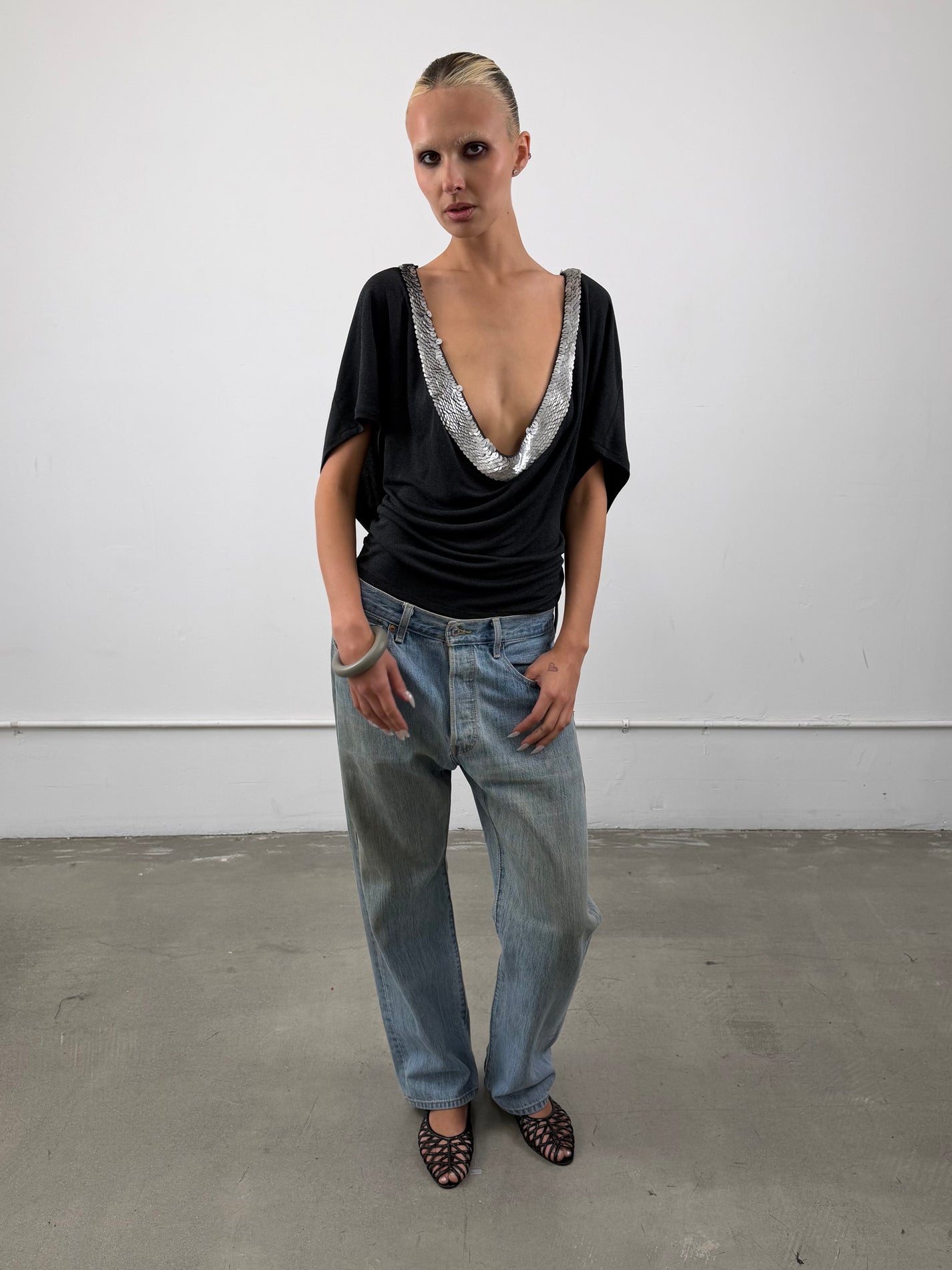 'Luna' Silver Sequin Deep-V Top