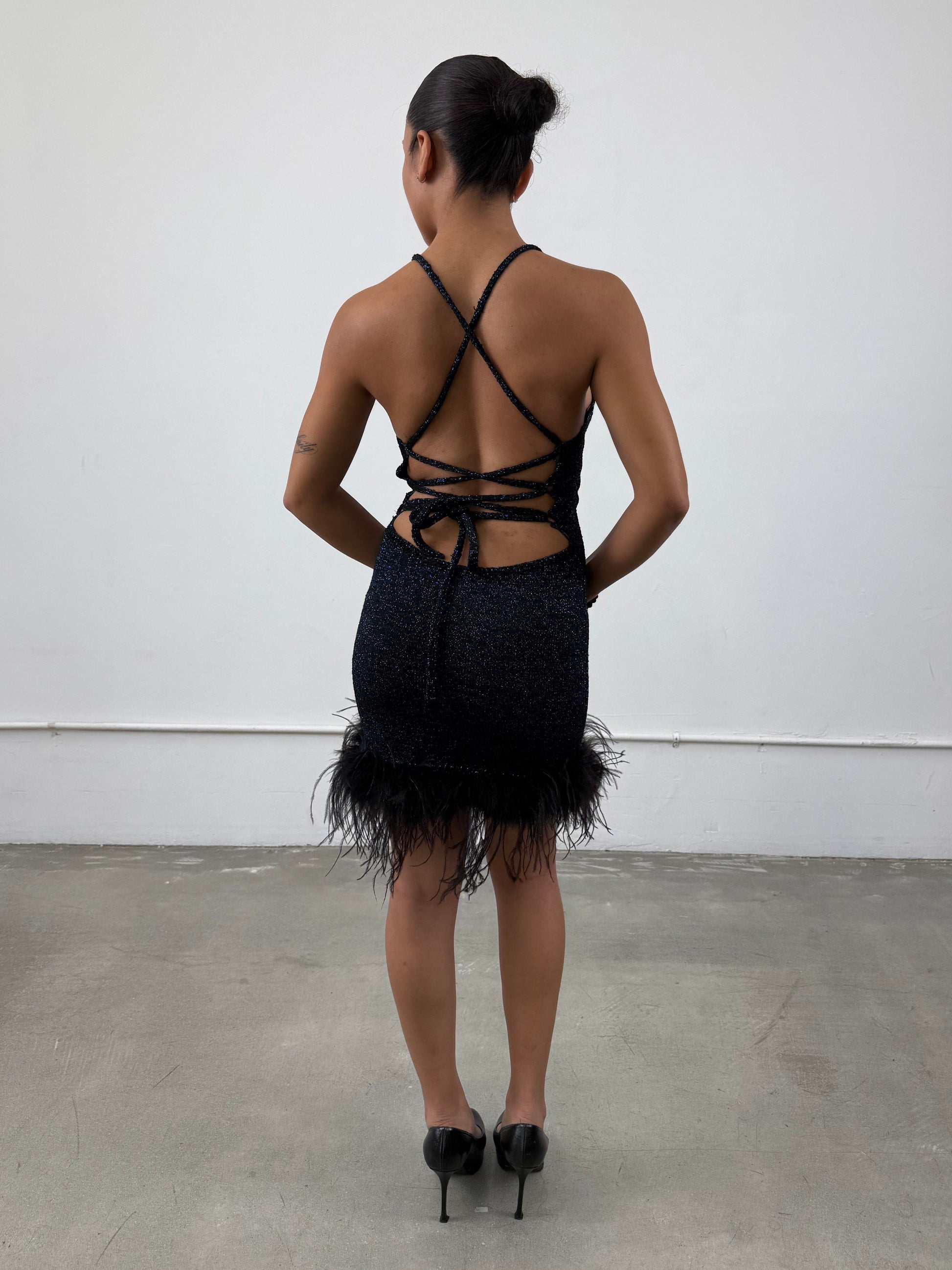 ‘Ysaline’ Metallic Ostrich Feather Dress