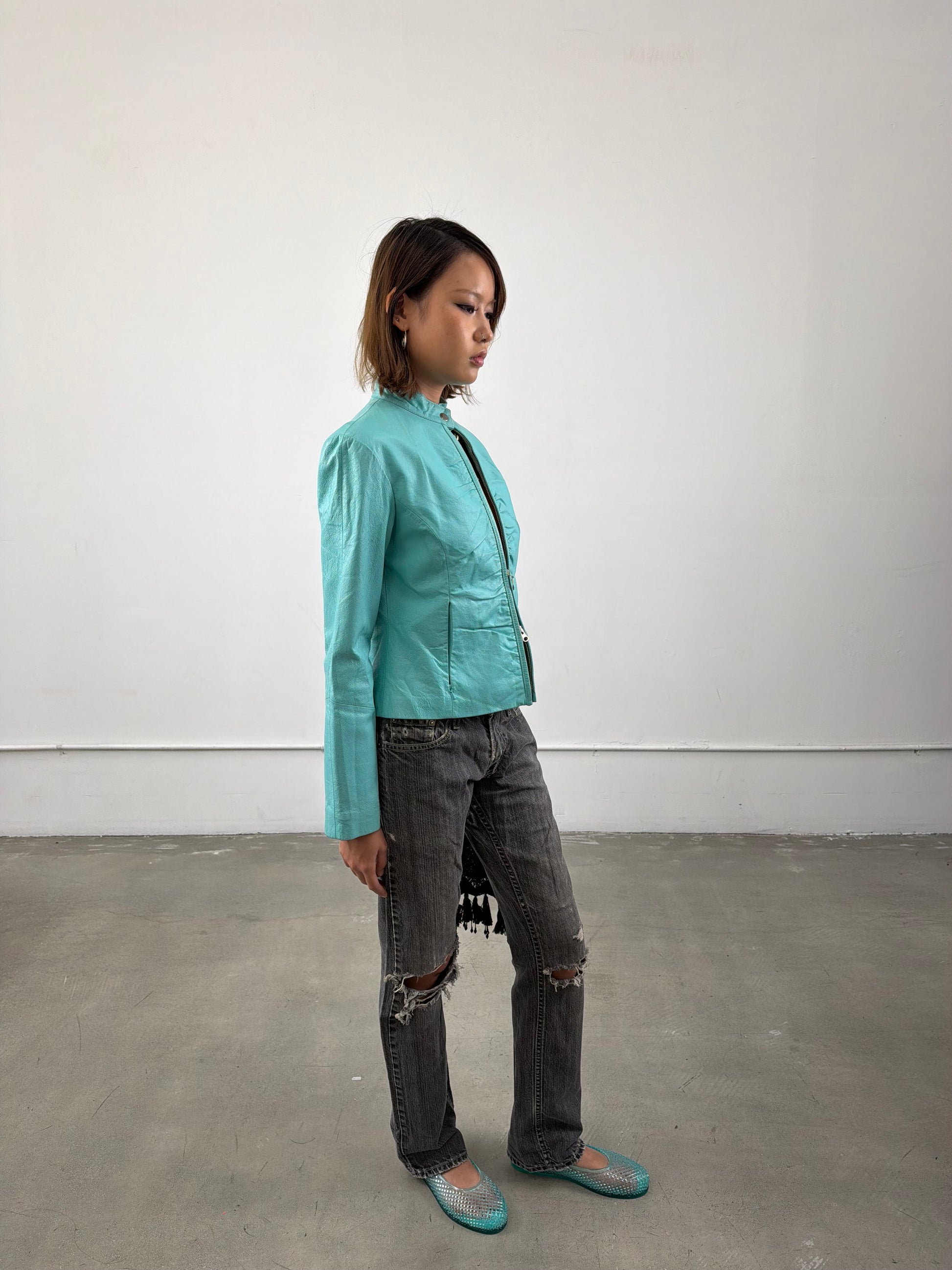 ‘Élodie’ Teal Leather Jacket