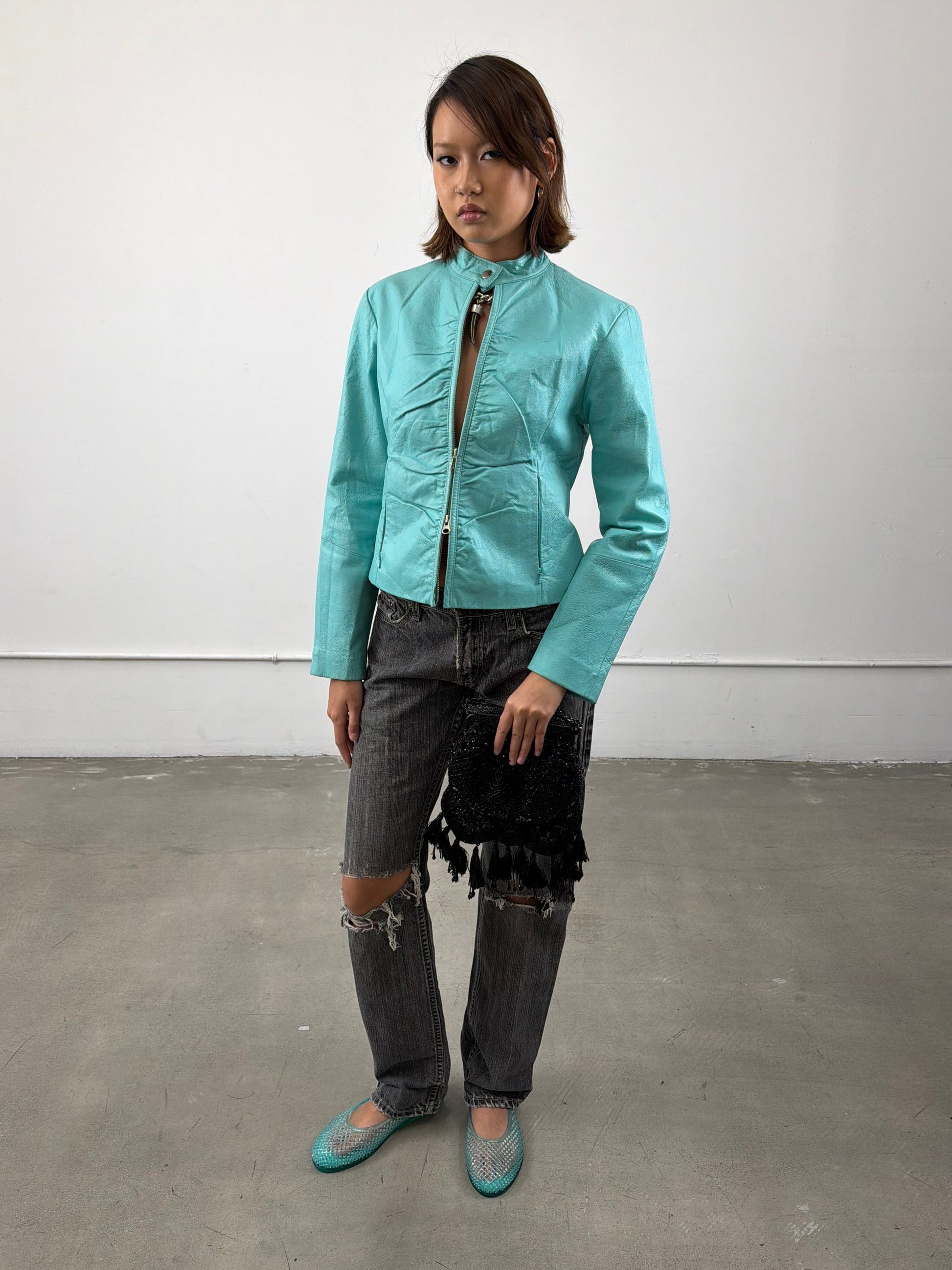‘Élodie’ Teal Leather Jacket